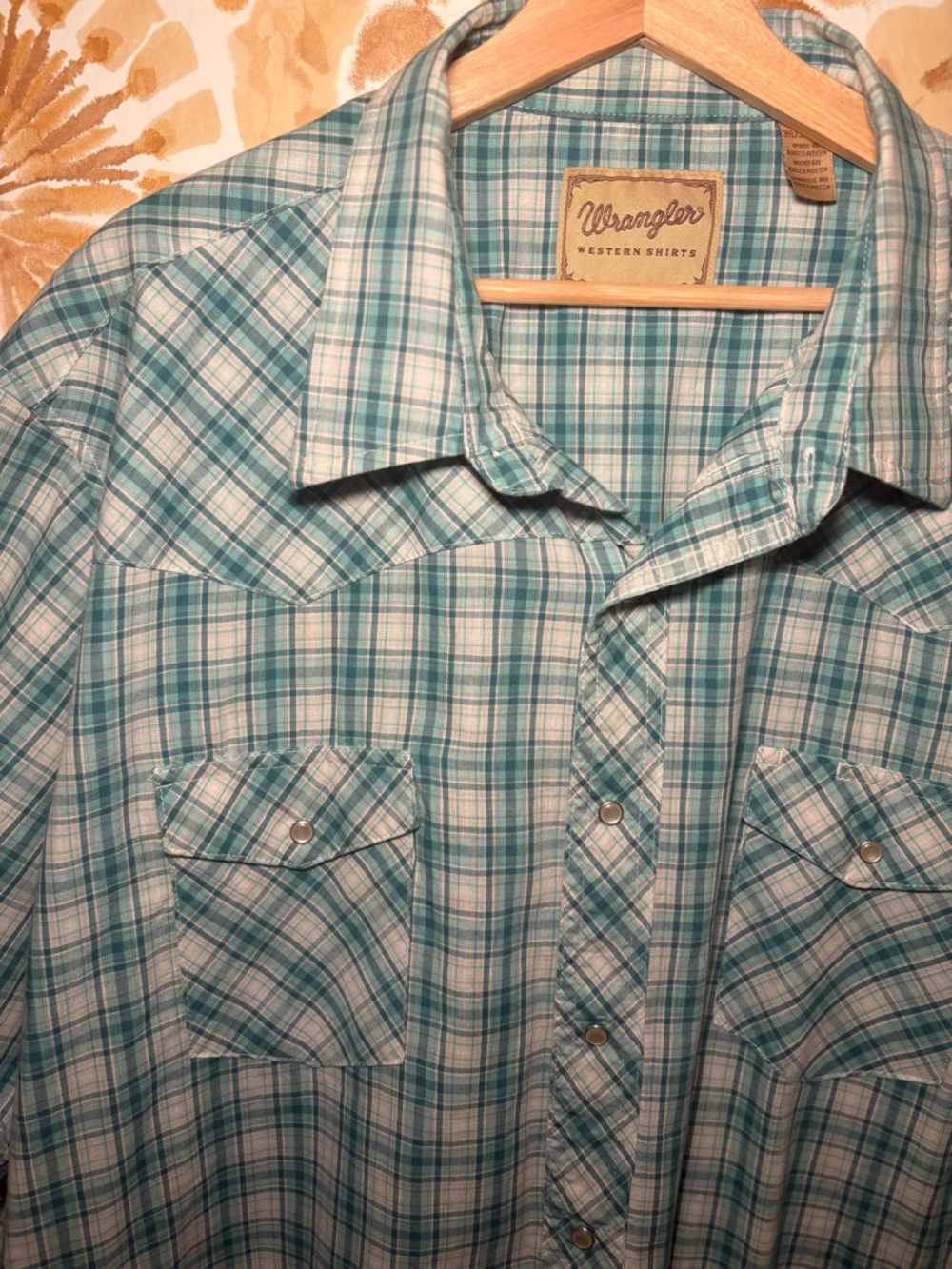 Wrangler Men’s Teal Plaid Western Snap Button Shirt | Rugged Cowboy Ranch Outdoo - Picture 4 of 7